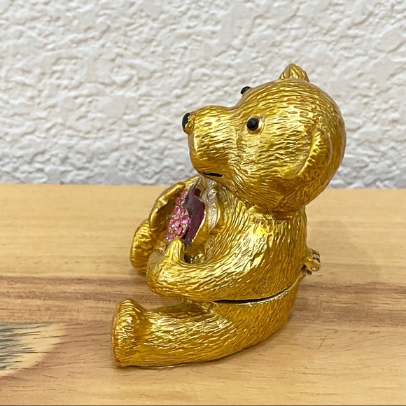 Objet d Art Form Work of Art Gold Bear Holding a Heart Rhinestone Enamel Trinket - Picture 3 of 12